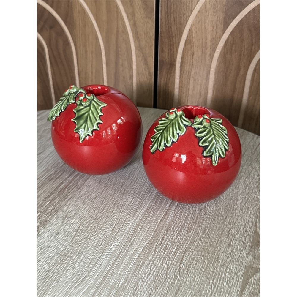Vintage Red Holly Berry Ceramic Christmas Candle Holders -2 1960s Orb Design MCM